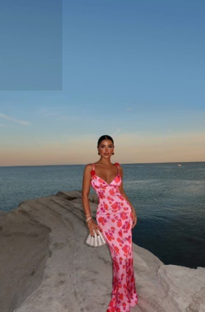 Rochii - Rochie Lunga Roz cu Imprimeu Floral Rosu
