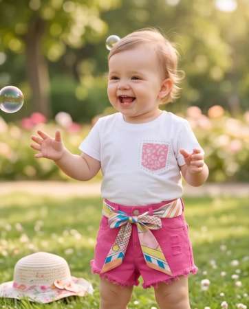 Copii - Set de Vara pentru Fetite cu Tricou Alb si Pantaloni Scurti Siclam cu Esarfa Decorativa