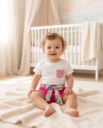 Set de Vara pentru Fetite cu Tricou Alb si Pantaloni Scurti Siclam cu Esarfa Decorativa [4]