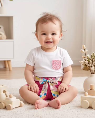 Set de Vara pentru Fetite cu Tricou Alb si Pantaloni Scurti Siclam cu Esarfa Decorativa [2]