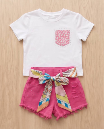 Set de Vara pentru Fetite cu Tricou Alb si Pantaloni Scurti Siclam cu Esarfa Decorativa [3]