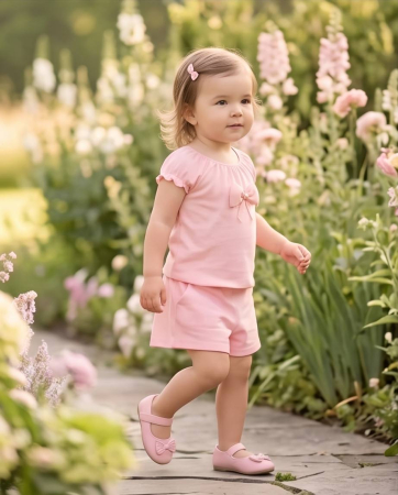 Set de Vara pentru Fetite Roz Pudra cu Fundita Eleganta - Bluza si Pantaloni Scurti | Luxury Star [1]