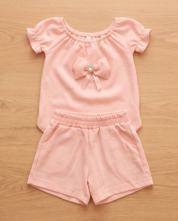Set de Vara pentru Fetite Roz Pudra cu Fundita Eleganta - Bluza si Pantaloni Scurti | Luxury Star [7]
