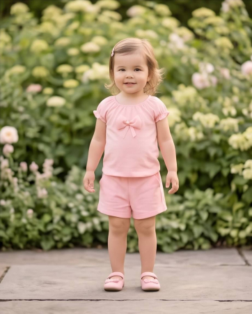Copii - Set de Vara pentru Fetite Roz Pudra cu Fundita Eleganta - Bluza si Pantaloni Scurti | Luxury Star
