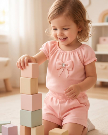 Set de Vara pentru Fetite Roz Pudra cu Fundita Eleganta - Bluza si Pantaloni Scurti | Luxury Star [5]