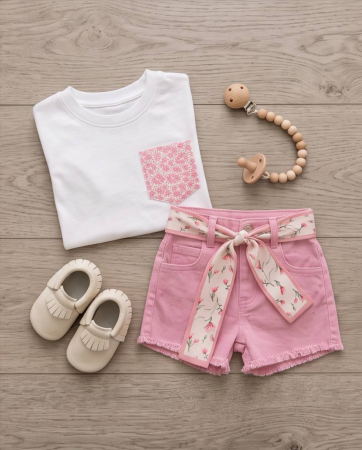 Set Vara pentru Fetite cu Tricou Alb si Pantaloni Scurti Roz cu Cordon Floral | Luxury Star [1]