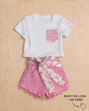 Set Vara pentru Fetite cu Tricou Alb si Pantaloni Scurti Roz cu Cordon Floral | Luxury Star [5]