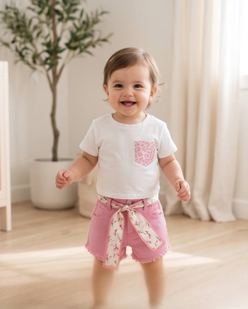 Copii - Set Vara pentru Fetite cu Tricou Alb si Pantaloni Scurti Roz cu Cordon Floral | Luxury Star