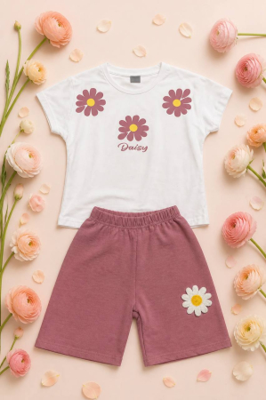 Set Vara pentru Fetite Daisy cu Tricou Alb si Pantaloni Scurti Roz [1]