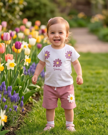Copii - Set Vara pentru Fetite Daisy cu Tricou Alb si Pantaloni Scurti Roz