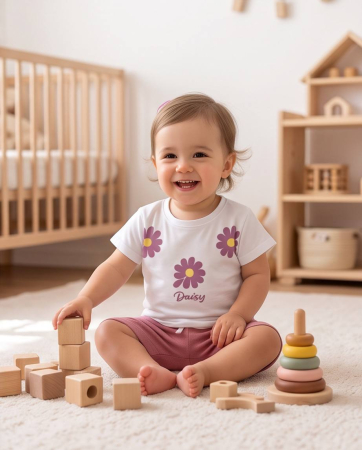 Set Vara pentru Fetite Daisy cu Tricou Alb si Pantaloni Scurti Roz [5]