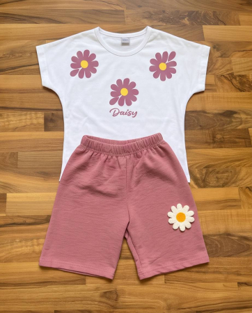 Set Vara pentru Fetite Daisy cu Tricou Alb si Pantaloni Scurti Roz [6]