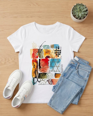 TRICOURI - Tricou Alb cu Imprimeu Abstract Multicolor