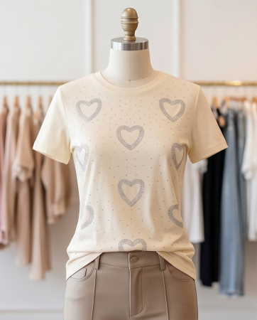 Tricou Beige cu Inimi Punctate [3]