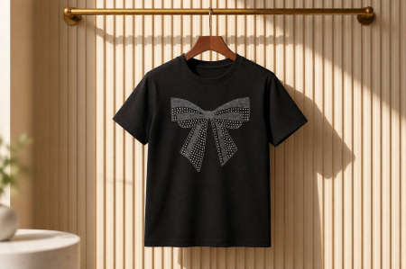 TRICOURI - Tricou Premium Negru cu Fundita din Strasuri - Luxury Star