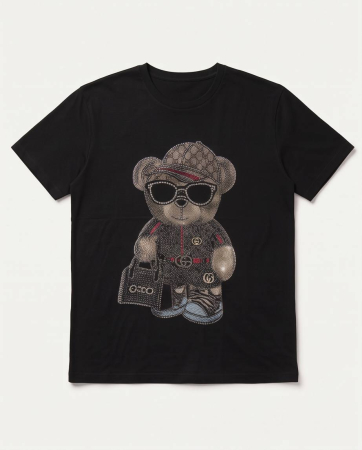 Tricou Premium Unisex Negru Bear Fashion cu Strasuri [2]