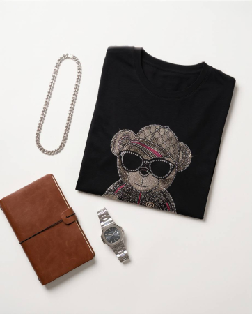 Tricou Premium Unisex Negru Bear Fashion cu Strasuri [3]
