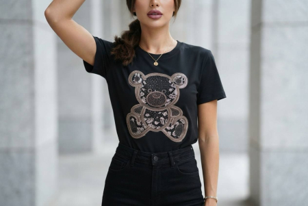TRICOURI - Tricou Premium Unisex Negru Luxury Star cu Urs Elegant si Imprimeu Stralucitor
