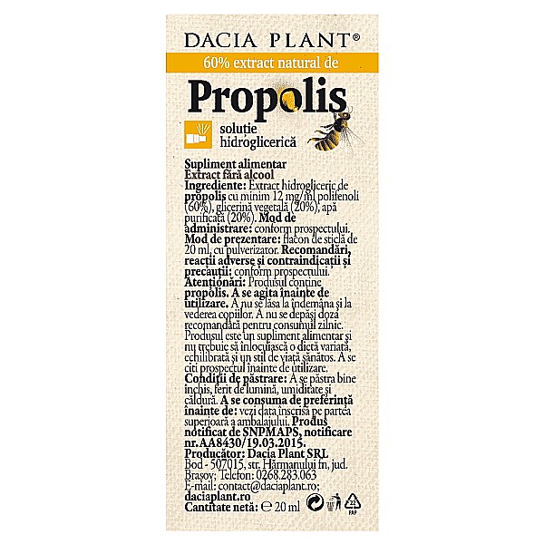 Propolis fara alcool spray, 20 ml - Dacia Plant [2]