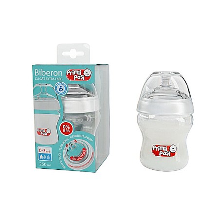 Hranire si Alaptare - Biberon gat extralarg cu tetina 2 valve anticolici, flux lent, 0 luni+, 250 ml, transparent - Primii Pasi