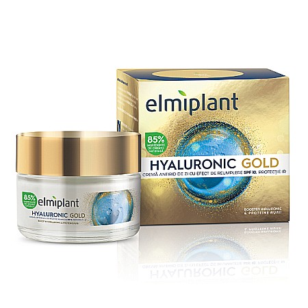 Creme si Plasturi Pentru Ochi - Crema de Zi Antirid cu Efect de Umplere SPF 10 Hyaluronic Gold, 50 ml - Elmiplant