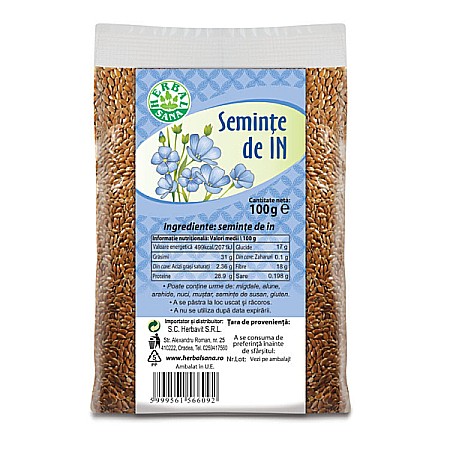 Seminte si Fructe Uscate - Seminte de in, 100 g - Herbal Sana