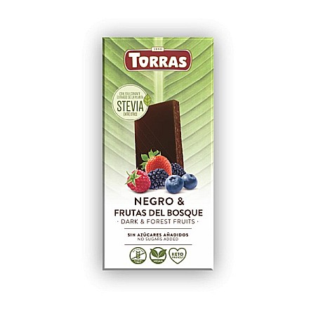 Gustari - Ciocolata neagra 60% cu fructe de padure cu stevia (fara zahar, fara gluten, keto, vegan), 125 g - Torras
