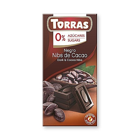 Gustari - Ciocolata neagra cu bucatele de cacao (fara zahar, fara gluten), 75 g - Torras