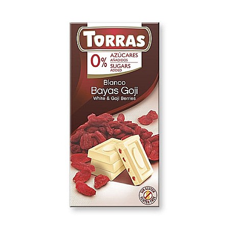 Gustari - Ciocolata alba cu fructe Goji (fara zahar, fara gluten), 75 g - Torras
