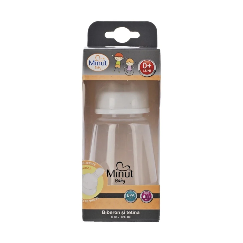 Biberon cu tetina din silicon si capac, 150 ml - Minut Baby [2]