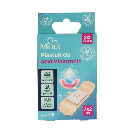 Comprese si Plasturi pentru Rani - Plasturi cu acid hialuronic, 2 x 7 cm, 20 bucati - Minut