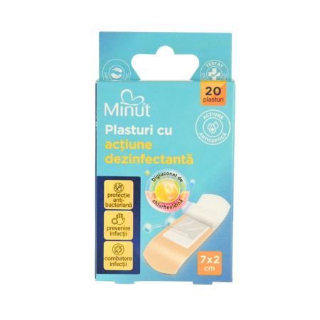 Comprese si Plasturi pentru Rani - Plasturi premium cu actiune dezinfectanta, 20 bucati, 7 x 2 cm - Minut