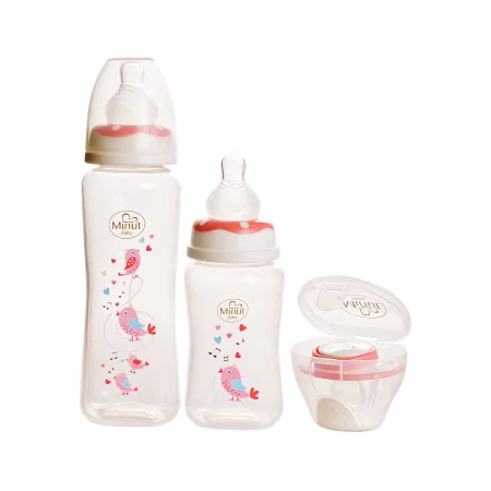 Hranire si Alaptare - Set biberoane 125 ml, 250 ml + suzeta silicon, 0-6 luni si cutie sterilizare - Minut Baby