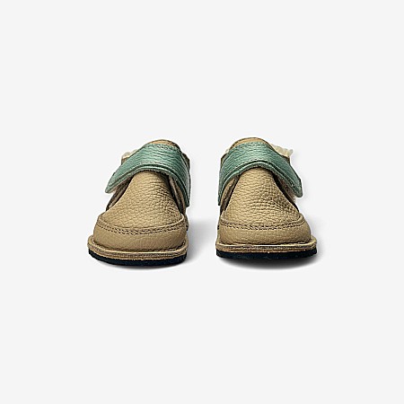 Ghete - Ghete imblănite din piele naturală de culoare bej cu verde - Детская Обувь Macco