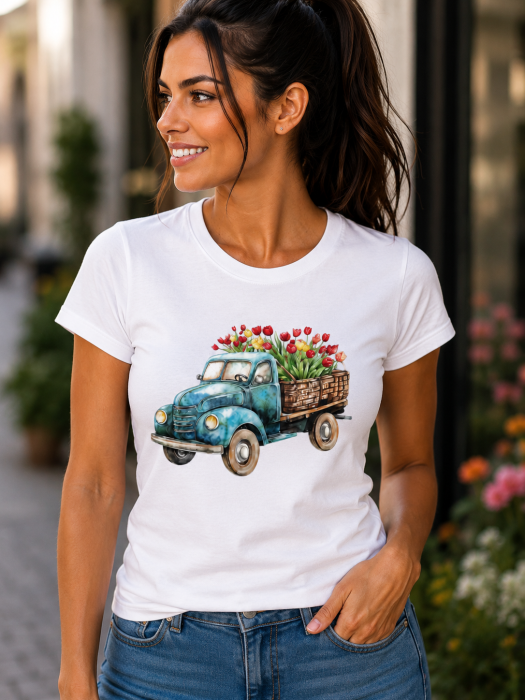 Tricou Dama Negru Flower Truck – Masina Vintage cu Flori [3]