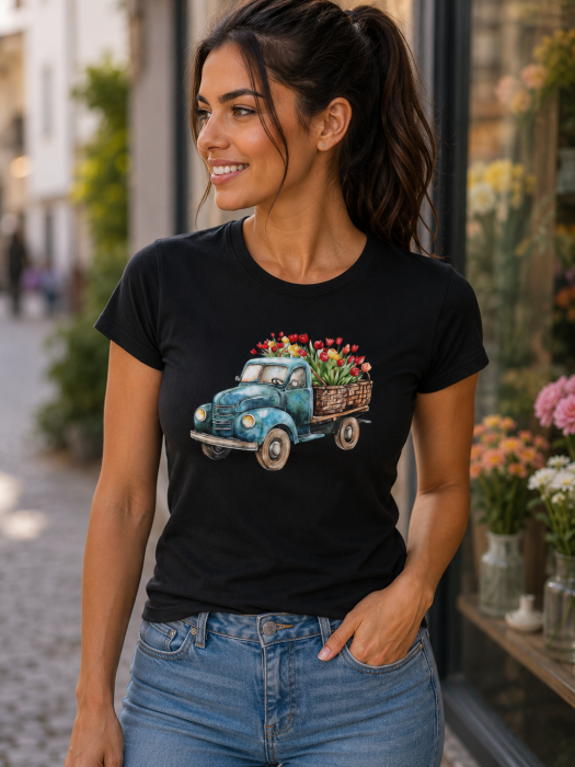 Tricou Dama Negru Flower Truck – Masina Vintage cu Flori [2]