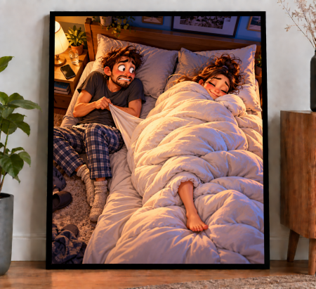 Caricaturi - Caricatură personalizată Cuplu - Războiul pentru Pătură - tablou personalizat A3