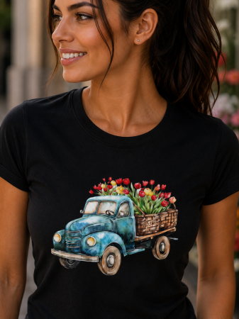 Floral - Tricou Dama Negru Flower Truck – Masina Vintage cu Flori