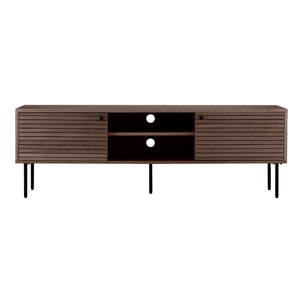 Suport TV - House Nordic Kyoto TV stand, 2 usi, 2 rafturi, furnir de stejar, afumat, picioare din metal negru 150x40x50 cm