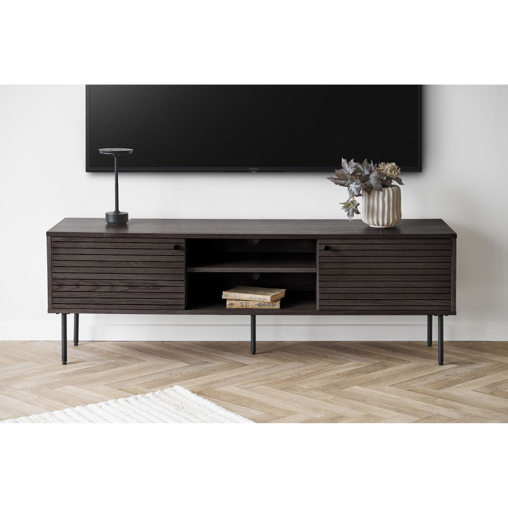House Nordic Kyoto TV stand, 2 usi, 2 rafturi, furnir de stejar, afumat, picioare din metal negru 150x40x50 cm [1]