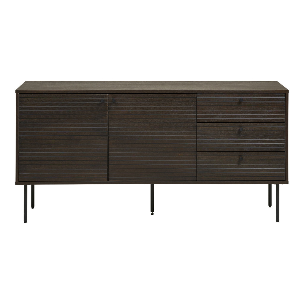 Comodă - House Nordic Kyoto sideboard cu 3 sertare, 2 usi, furnir de stejar, fumuriu, picioare din metal negru, 150x40x74 cm