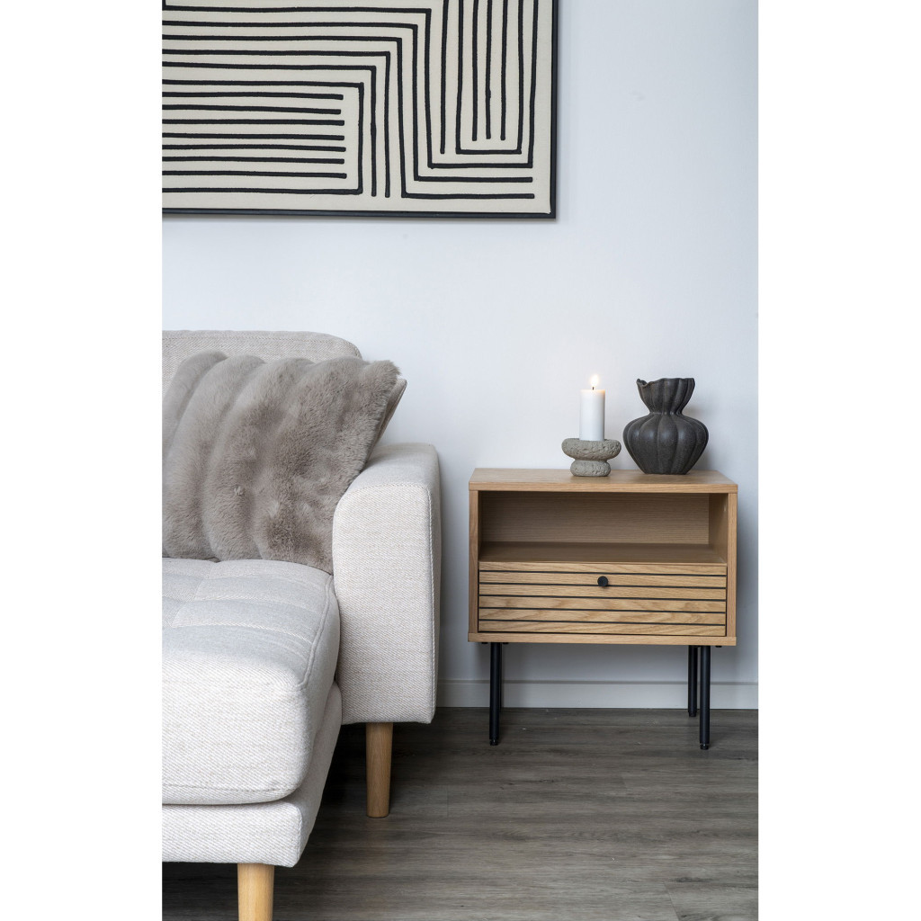 House Nordic Masă de depozitare Kyoto cu 1 sertar, furnir de stejar, natural, picioare din metal negru, 50x40x50 cm [7]