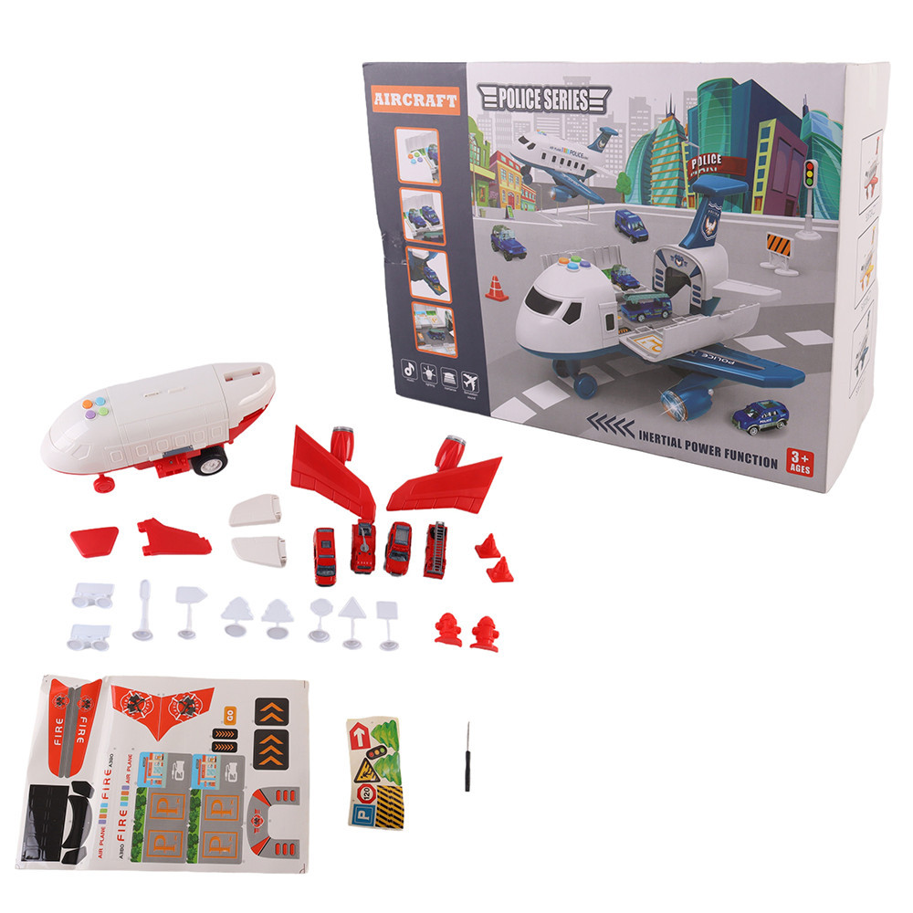 Jucării pentru copii și bebeluși - Leziter Avion de transport pentru pompieri cu 4 mașini de pompieri, accesorii, efecte luminoase și sonore