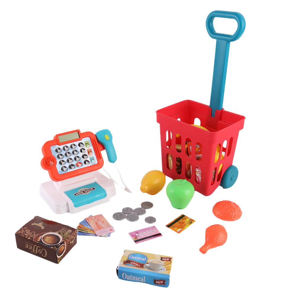 Jucării pentru copii și bebeluși - Leziter Casierie pentru magazin de jucării cu cărucior de cumpărături, 32 buc