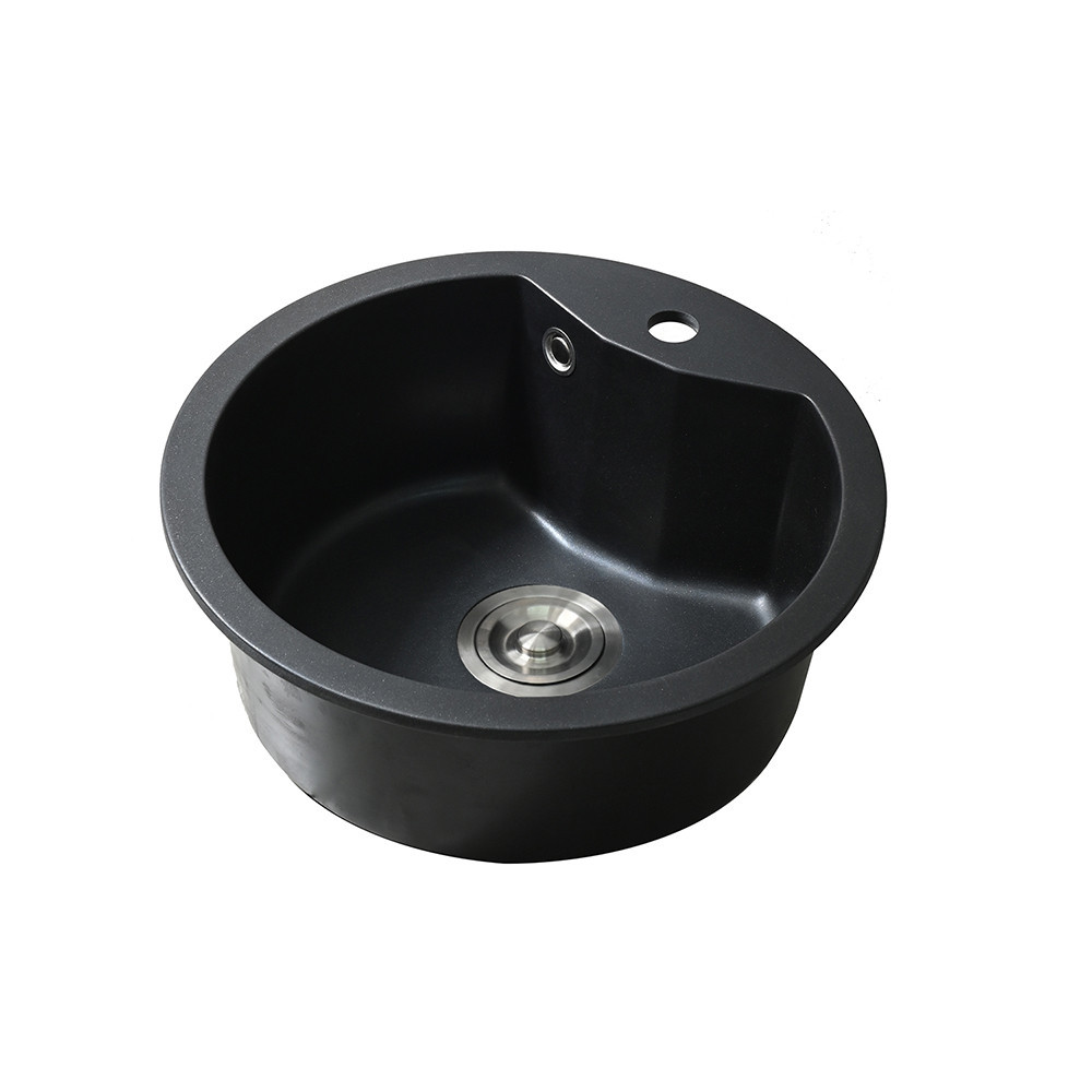 Leziter Chiuvetă rotundă Dorin din granit cu o singură cuvă și sifon, neagră [5]
