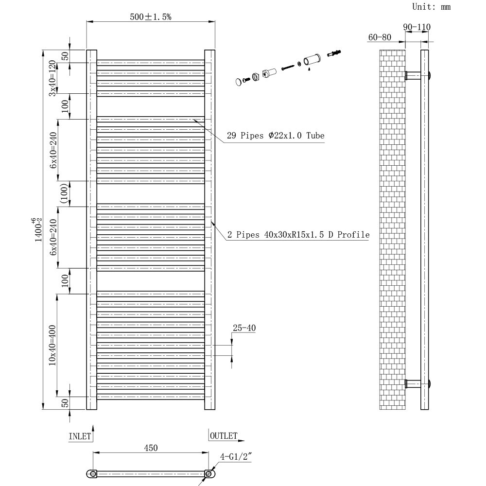 Leziter Uscător de prosoape drept radiator 1400x500 mm negru [2]