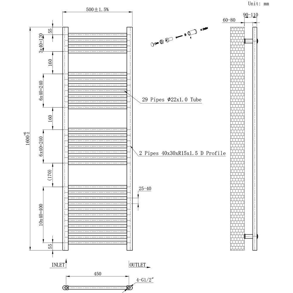 Leziter Radiator uscător de prosoape drept 1600x500 mm alb [2]