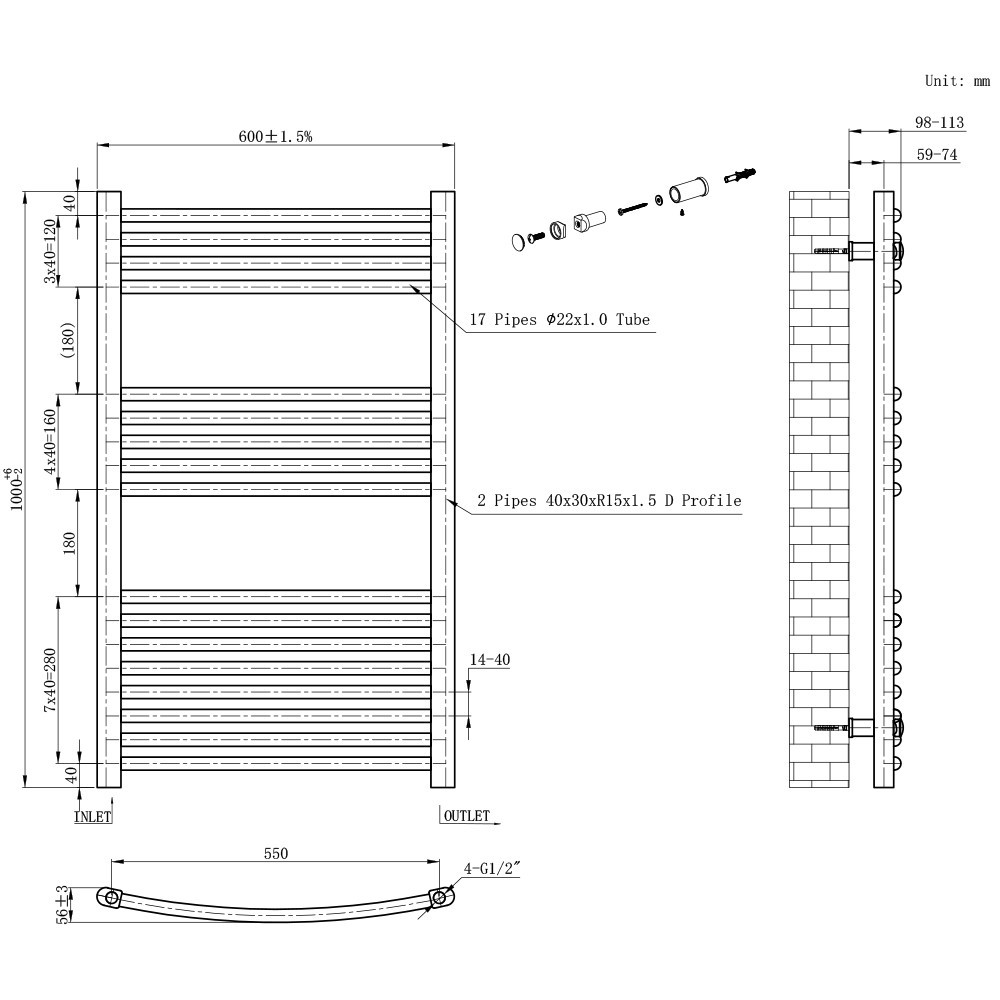 Leziter Radiator curbat pentru uscător de prosoape 1000x600 mm negru [2]