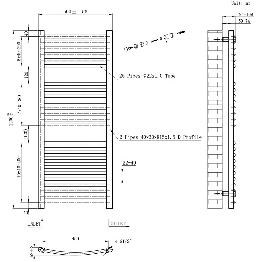 Leziter Radiator curbat pentru uscător de prosoape 1200x500 mm negru [2]