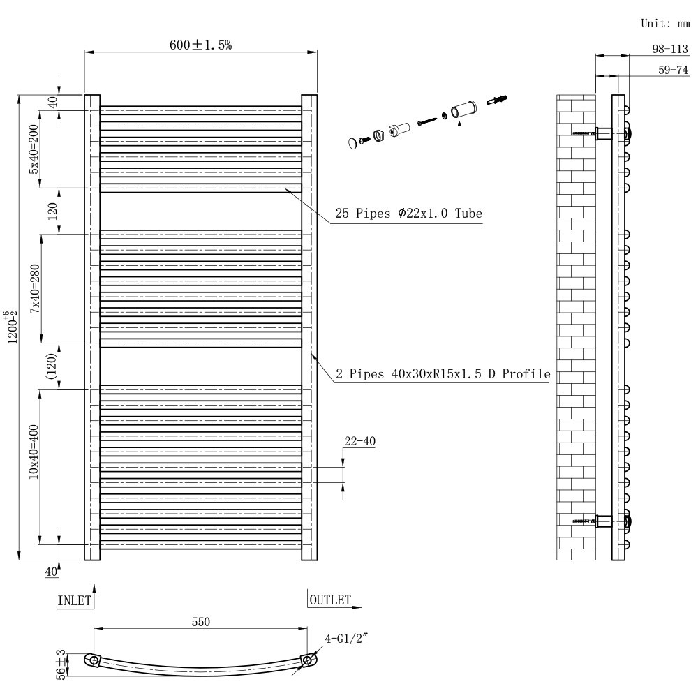 Leziter Radiator curbat pentru uscător de prosoape 1200x600 mm negru [2]